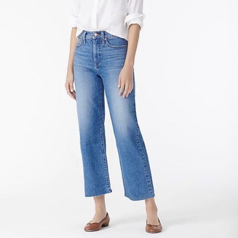 J Crew Wide Leg Crop Jeans Womens 26 High Rise Medium Wash Raw Hem Boho Festival